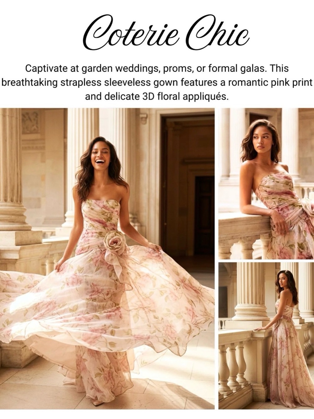 Strapless Floral Organza Evening Dress in Coral #290 - Picture 9 of 15